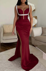 Fuchsia Spaghetti Strap Mermaid Prom Dress with High Split