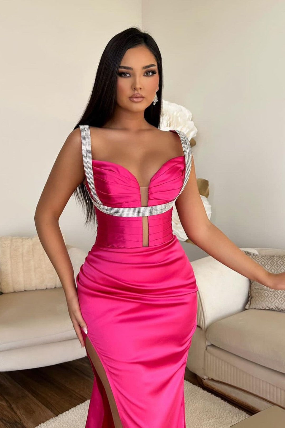 Fuchsia Spaghetti Strap Mermaid Prom Dress with High Split