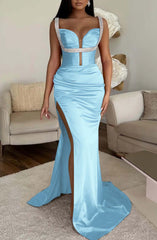 Fuchsia Spaghetti Strap Mermaid Prom Dress with High Split