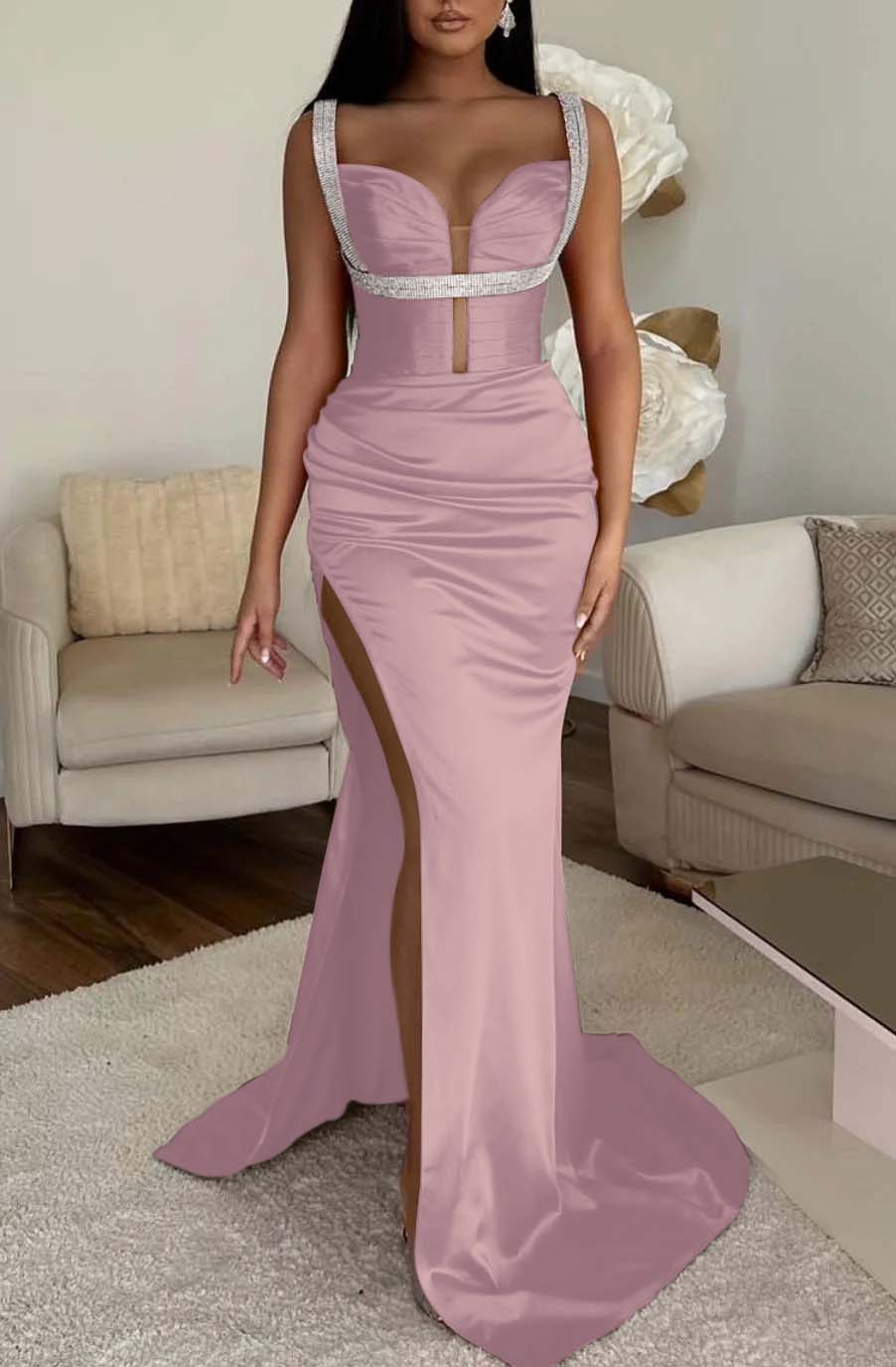 Fuchsia Spaghetti Strap Mermaid Prom Dress with High Split