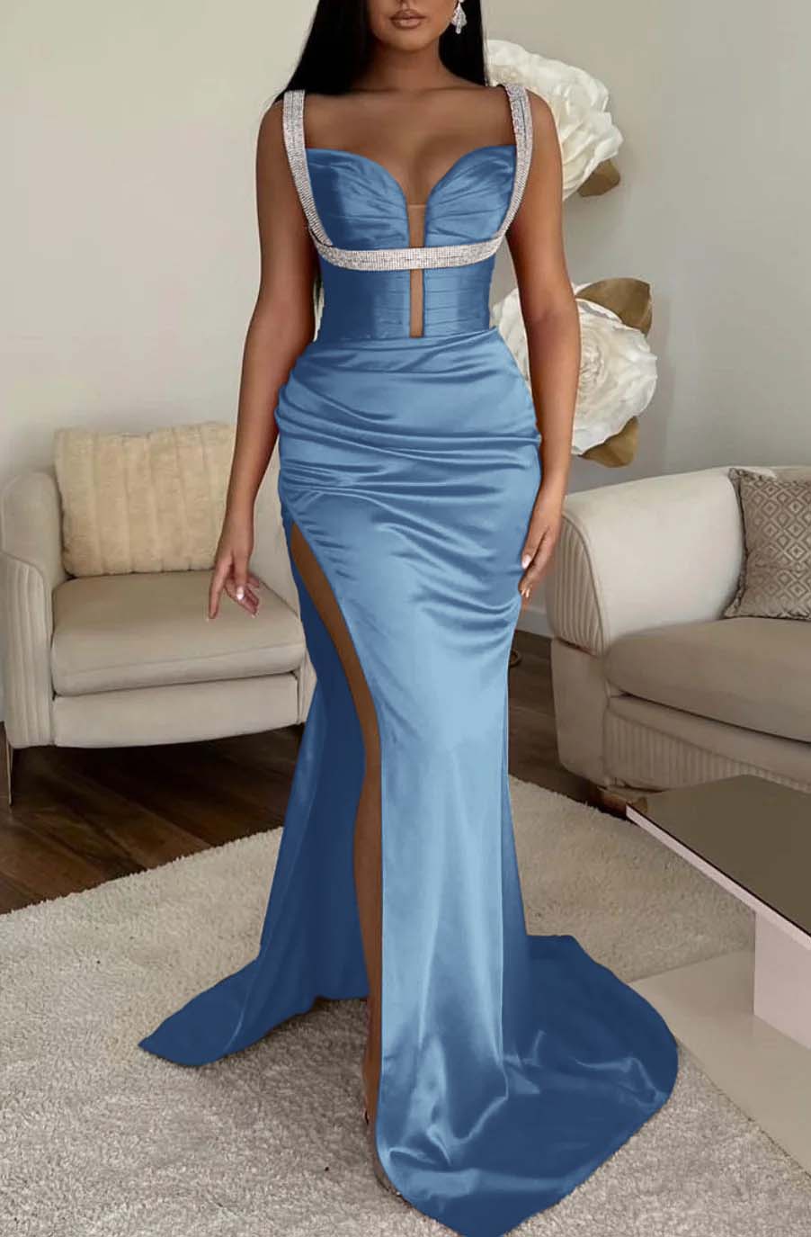Fuchsia Spaghetti Strap Mermaid Prom Dress with High Split