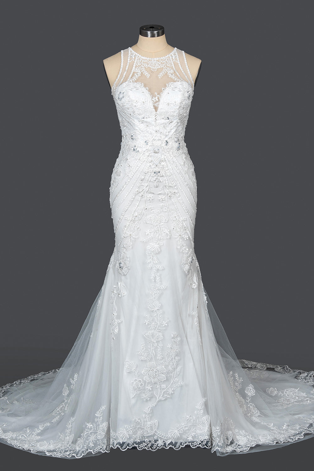 Mermaid Scoop Neck Jewel Wedding Dress with Beadings and Appliques