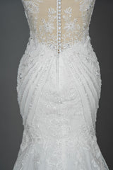 Mermaid Scoop Neck Jewel Wedding Dress with Beadings and Appliques
