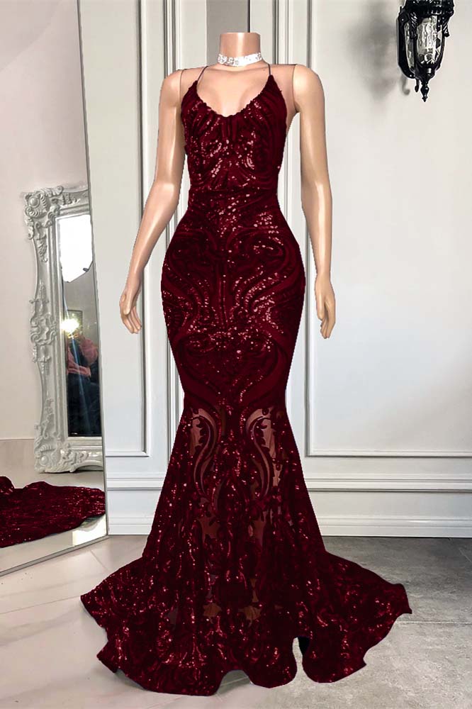 Royal Blue Spaghetti Strap Mermaid Long Prom Dress with Sequins