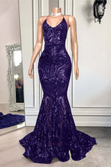 Royal Blue Spaghetti Strap Mermaid Long Prom Dress with Sequins