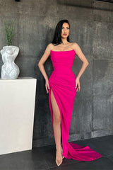 Strapless Mermaid Long Prom Dress with Split and Pleated