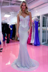 Mermaid Strapless Sweetheart Beaded Grid Long Prom Dress