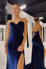 Mermaid Sweetheart Navy Blue Velvet Long Prom Dress