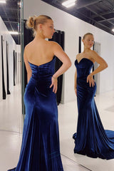 Mermaid Sweetheart Navy Blue Velvet Long Prom Dress