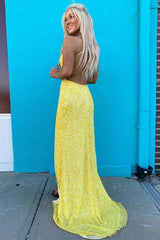 Mermaid V-Neck Yellow Sequined Prom Dress