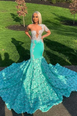 Mint Green Long Sleeve Tulle Prom Dress with Flower and Appliques