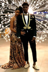 Modern Black Bespoke Prom Suit with Gold Lapel Button Party Knitted