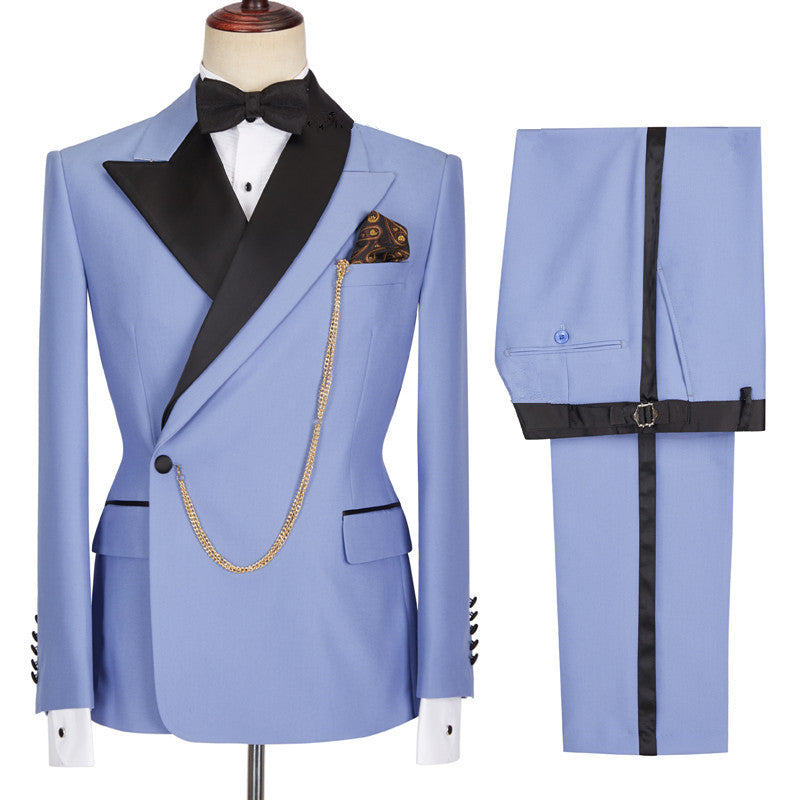 Modern Blue Best-Fit Business Prom Suit with Peaked Lapel for Men