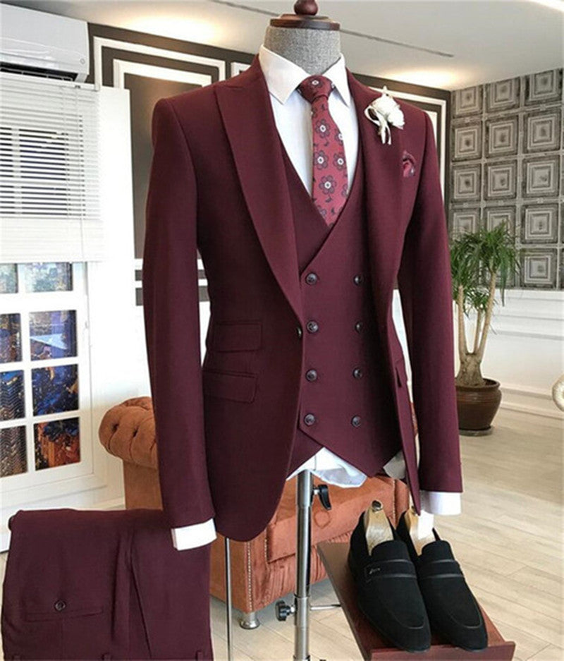 Modern Burgundy Three-Piece Groom Suit with Peaked Lapel for Prom