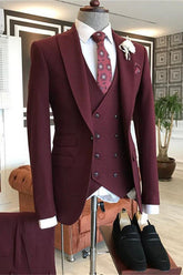 Modern Burgundy Three-Piece Groom Suit with Peaked Lapel for Prom