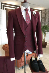 Modern Burgundy Three-Piece Groom Suit with Peaked Lapel for Prom