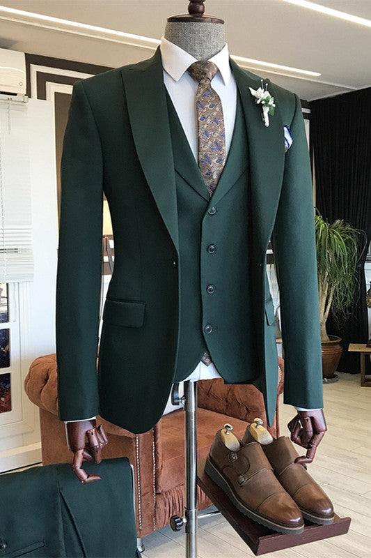 Modern Dark Green Three-Piece Dinner Suit with Peaked Lapel