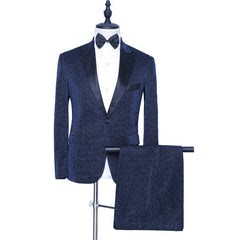 Modern Dark Navy Sparkly Wedding Suit with Peaked Lapel for Groom's Party