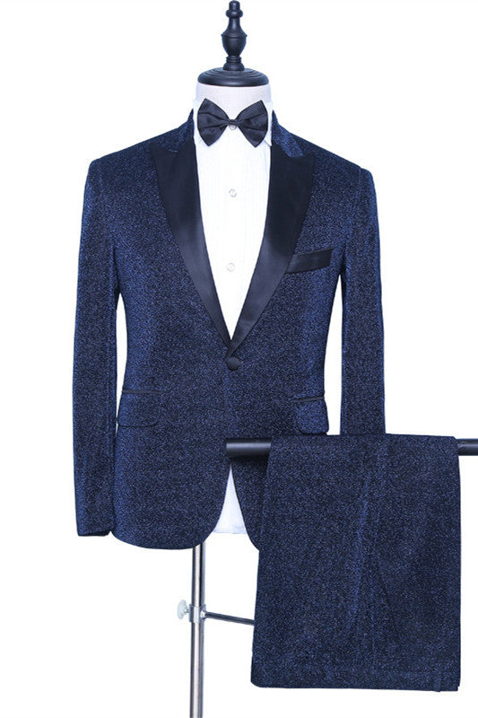 Modern Dark Navy Sparkly Wedding Suit with Peaked Lapel for Groom's Party