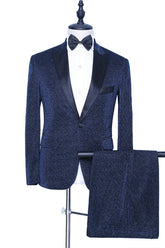 Modern Dark Navy Sparkly Wedding Suit with Peaked Lapel for Groom's Party