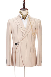 Modern Light Champagne Striped Prom Suit with Peaked Lapel