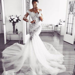 Modern Long Sleeve Mermaid Wedding Dress with Lace Appliques (On Sale)