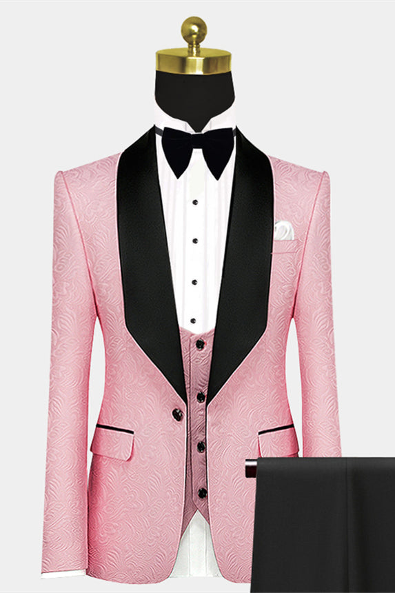 Modern Pink Morning Suit with Black Satin Lapel and Jacquard