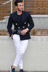 Modern Slim Fit Dark Navy Double-Breasted Tuxedo for Homecoming