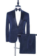 Modern Sparkly Dark Navy Wedding Suit with Peaked Lapel for Groom