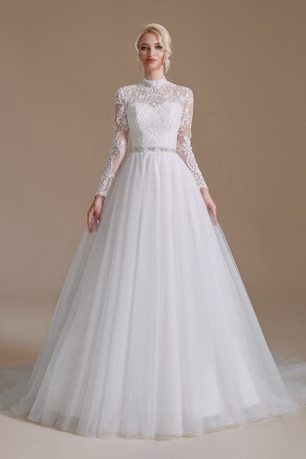 Modest A-Line High Neck Long Sleeve Wedding Dress with Tulle Lace