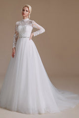 Modest A-Line High Neck Long Sleeve Wedding Dress with Tulle Lace