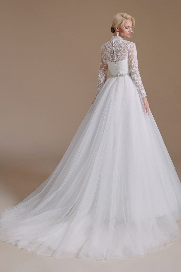 Modest A-Line High Neck Long Sleeve Wedding Dress with Tulle Lace