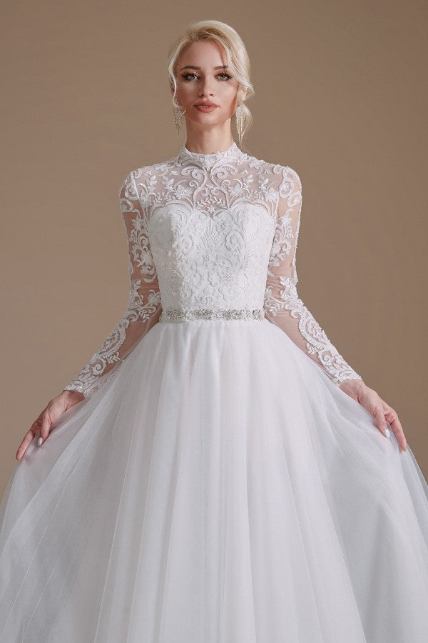Modest A-Line High Neck Long Sleeve Wedding Dress with Tulle Lace
