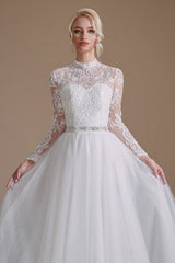 Modest A-Line High Neck Long Sleeve Wedding Dress with Tulle Lace