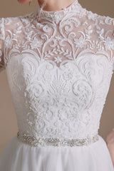 Modest A-Line High Neck Long Sleeve Wedding Dress with Tulle Lace