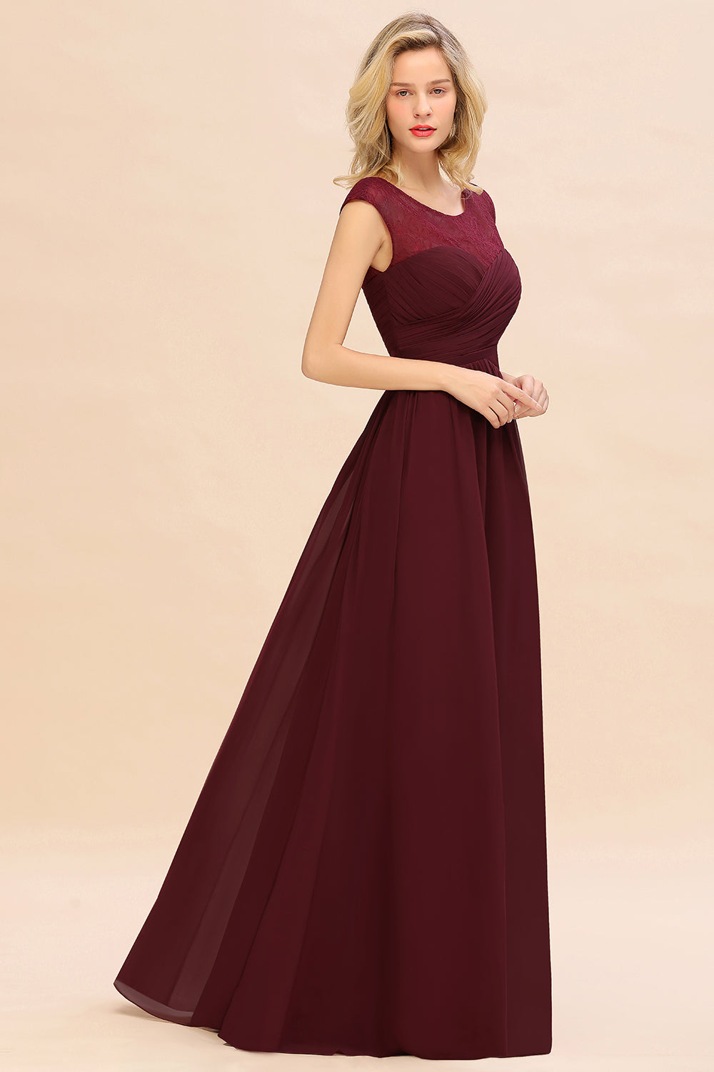 Modest Burgundy Chiffon Sleeveless Ruffle Bridesmaid Dress Affordable-Babyonlines