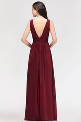 Modest Burgundy V-Neck Sleeveless Long Bridesmaid Dresses Affordable-Babyonlines