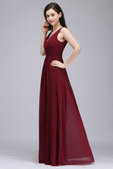 Modest Burgundy V-Neck Sleeveless Long Bridesmaid Dresses Affordable-Babyonlines