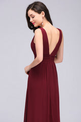 Modest Burgundy V-Neck Sleeveless Long Bridesmaid Dresses Affordable-Babyonlines