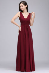 Modest Burgundy V-Neck Sleeveless Long Bridesmaid Dresses Affordable-Babyonlines