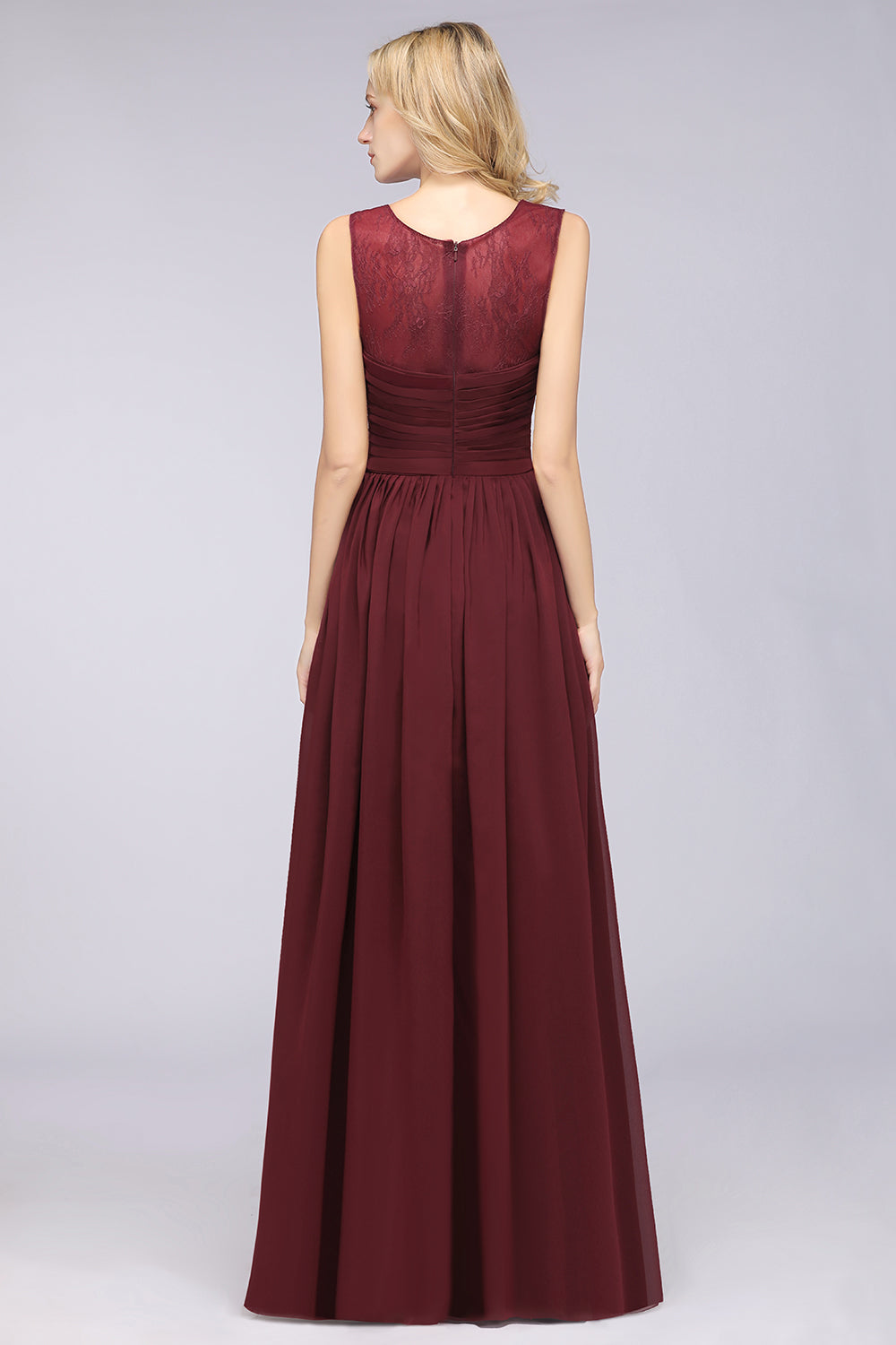 Modest Chiffon Lace Scoop Ruffle Burgundy Bridesmaid Dresses Affordable-Babyonlines