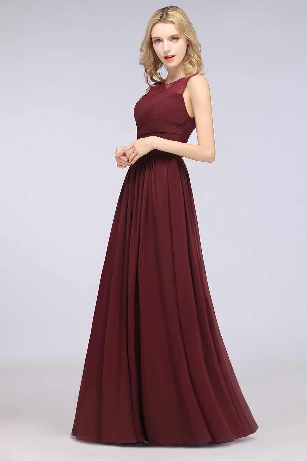 Modest Chiffon Lace Scoop Ruffle Burgundy Bridesmaid Dresses Affordable-Babyonlines
