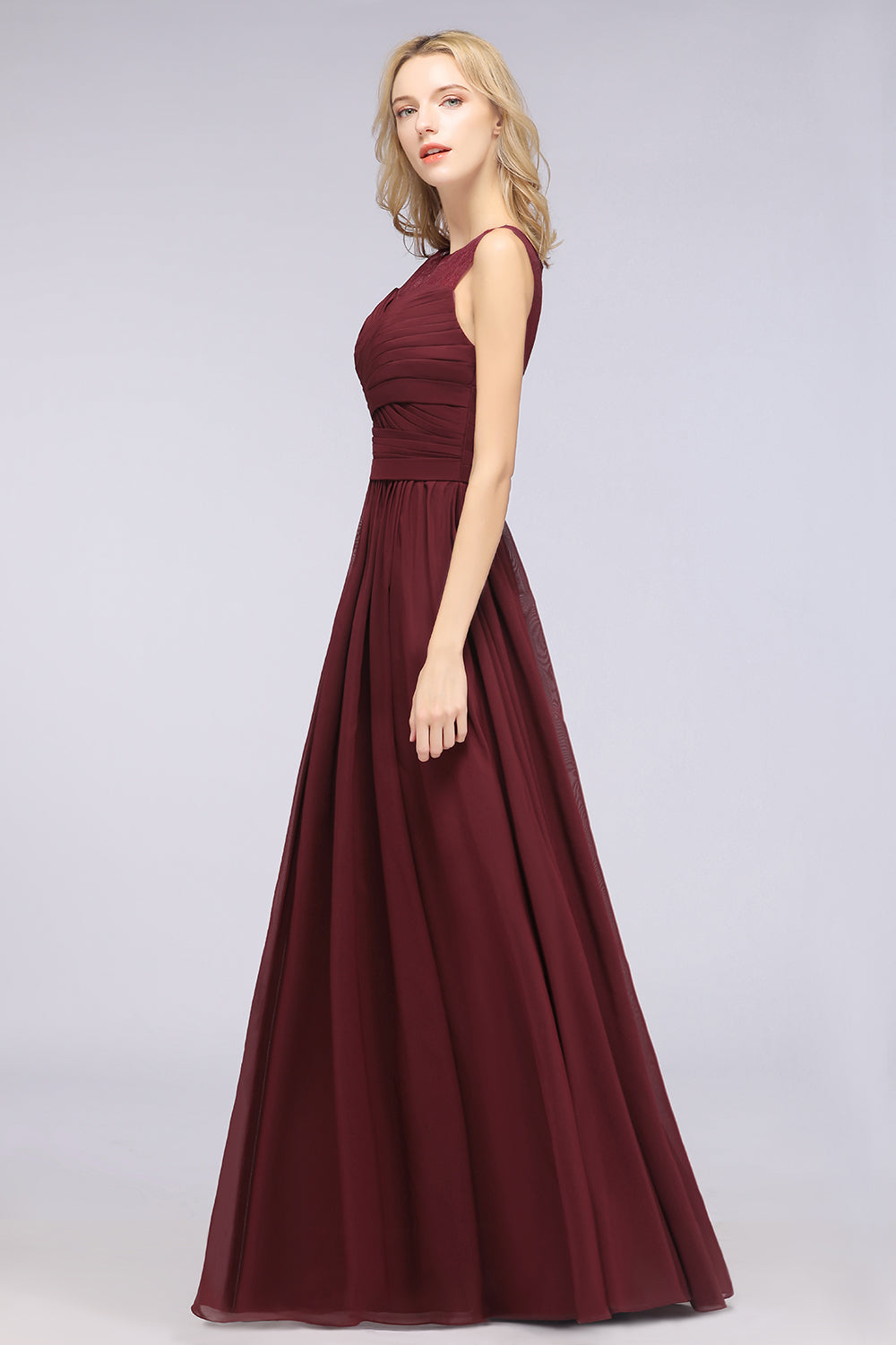 Modest Chiffon Lace Scoop Ruffle Burgundy Bridesmaid Dresses Affordable-Babyonlines