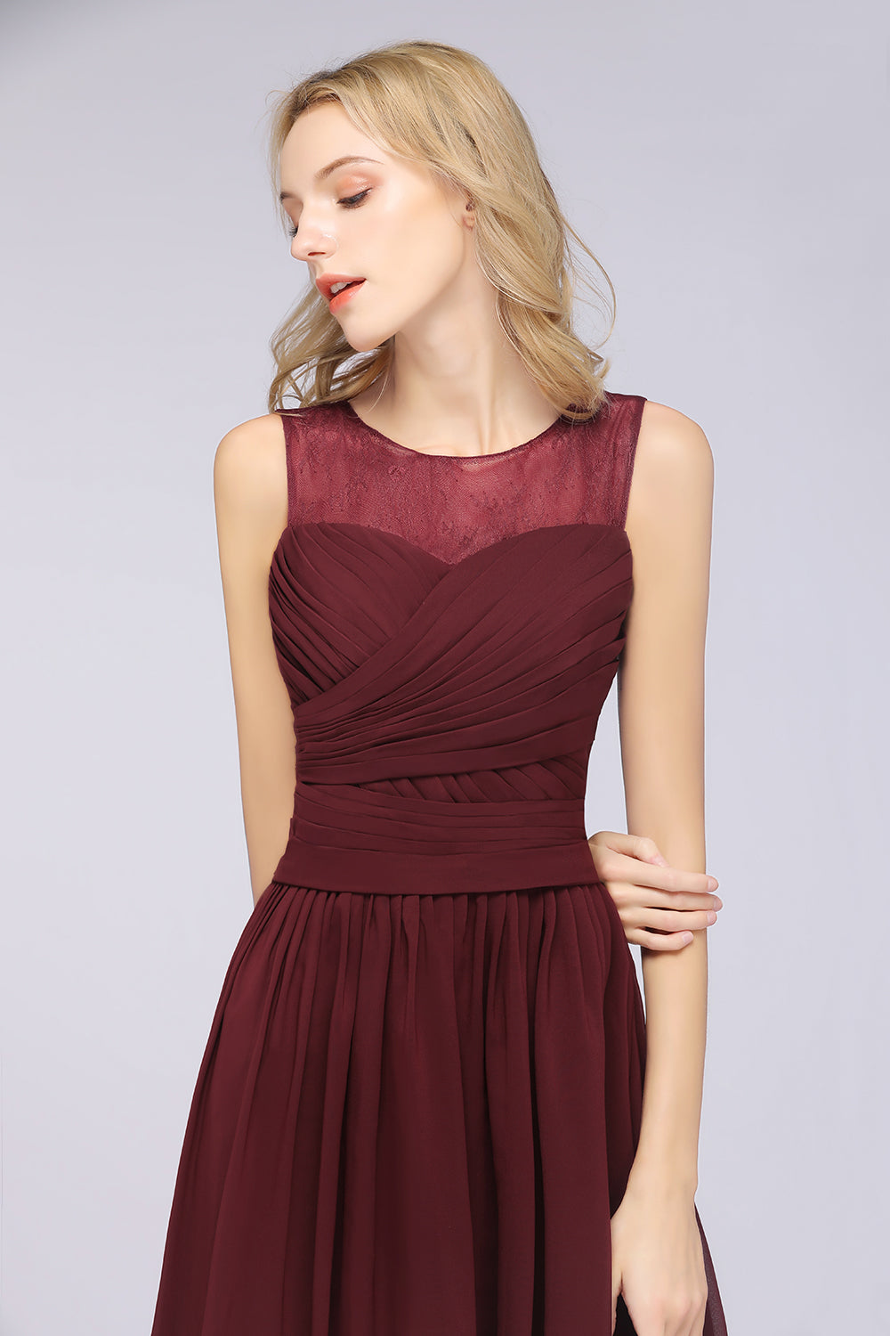 Modest Chiffon Lace Scoop Ruffle Burgundy Bridesmaid Dresses Affordable-Babyonlines