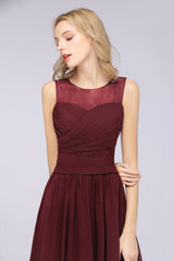 Modest Chiffon Lace Scoop Ruffle Burgundy Bridesmaid Dresses Affordable-Babyonlines