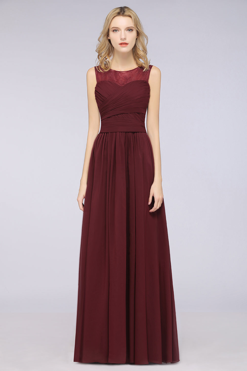 Modest Chiffon Lace Scoop Ruffle Burgundy Bridesmaid Dresses Affordable-Babyonlines