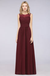 Modest Chiffon Lace Scoop Ruffle Burgundy Bridesmaid Dresses Affordable-Babyonlines