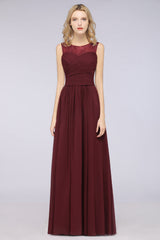 Modest Chiffon Lace Scoop Ruffle Burgundy Bridesmaid Dresses Affordable-Babyonlines