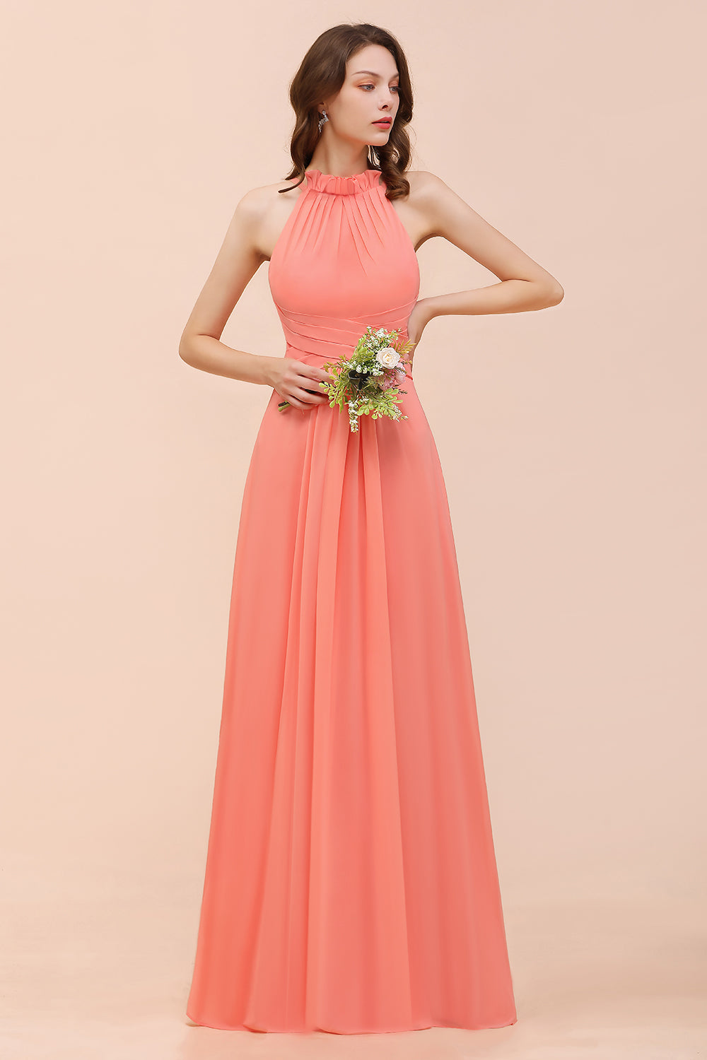 Modest Halter Ruffle Coral Chiffon Affordable Bridesmaid Dress Online-Babyonlines