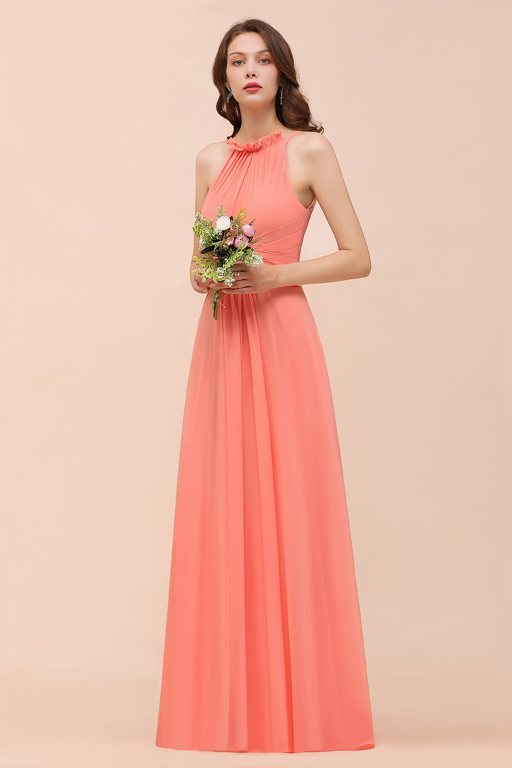 Modest Halter Ruffle Coral Chiffon Affordable Bridesmaid Dress Online-Babyonlines
